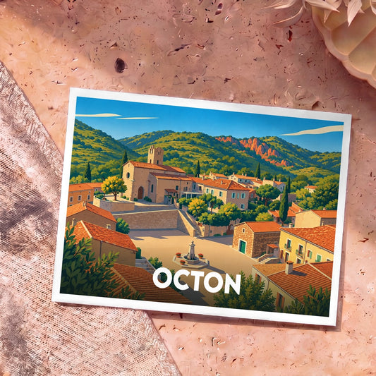 Carte postale souvenir de la ville d'Octon avec une illustration stylisée de son village ensoleillé.