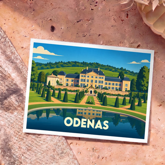 Carte postale souvenir de la ville d'Odenas avec une illustration stylisée d'un château et ses jardins.