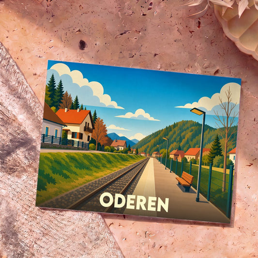 Carte postale souvenir de la ville d'Oderen avec une illustration stylisée d'une gare de montagne.