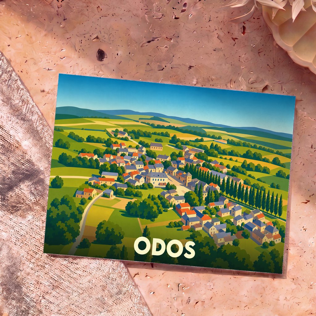 Carte postale souvenir de la ville d'Odos avec une illustration stylisée de ses paysages et habitations.
