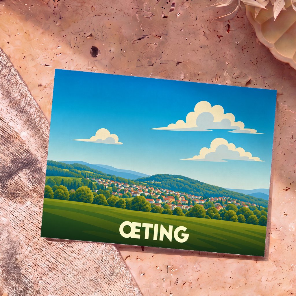 Carte postale souvenir de la ville de Œting avec une illustration stylisée de son paysage vallonné.