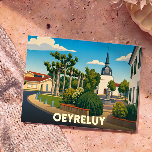 Carte postale souvenir de la ville de Oeyreluy avec une illustration colorée et stylisée de son centre-ville.