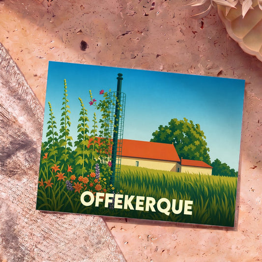 Carte postale souvenir de la ville de Offekerque avec une illustration stylisée et colorée d'un paysage rural.