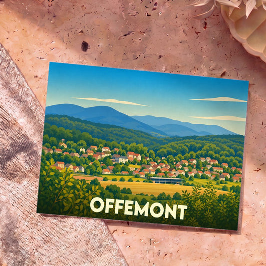 Carte postale souvenir de la ville d'Offemont avec une illustration stylisée montrant le village et les montagnes environnantes.