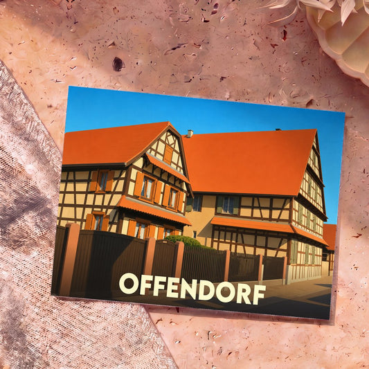 Carte postale souvenir de la ville d'Offendorf illustrant des maisons à colombages au style graphique épuré.