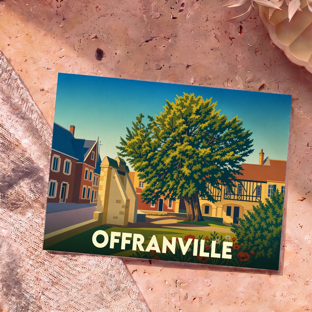 Carte postale souvenir de la ville d'Offranville avec une illustration stylisée représentant un grand arbre et des maisons traditionnelles.