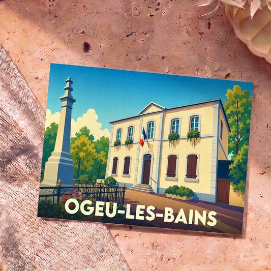 Carte postale souvenir de la ville d'Ogeu-les-Bains avec une illustration stylisée de sa mairie.