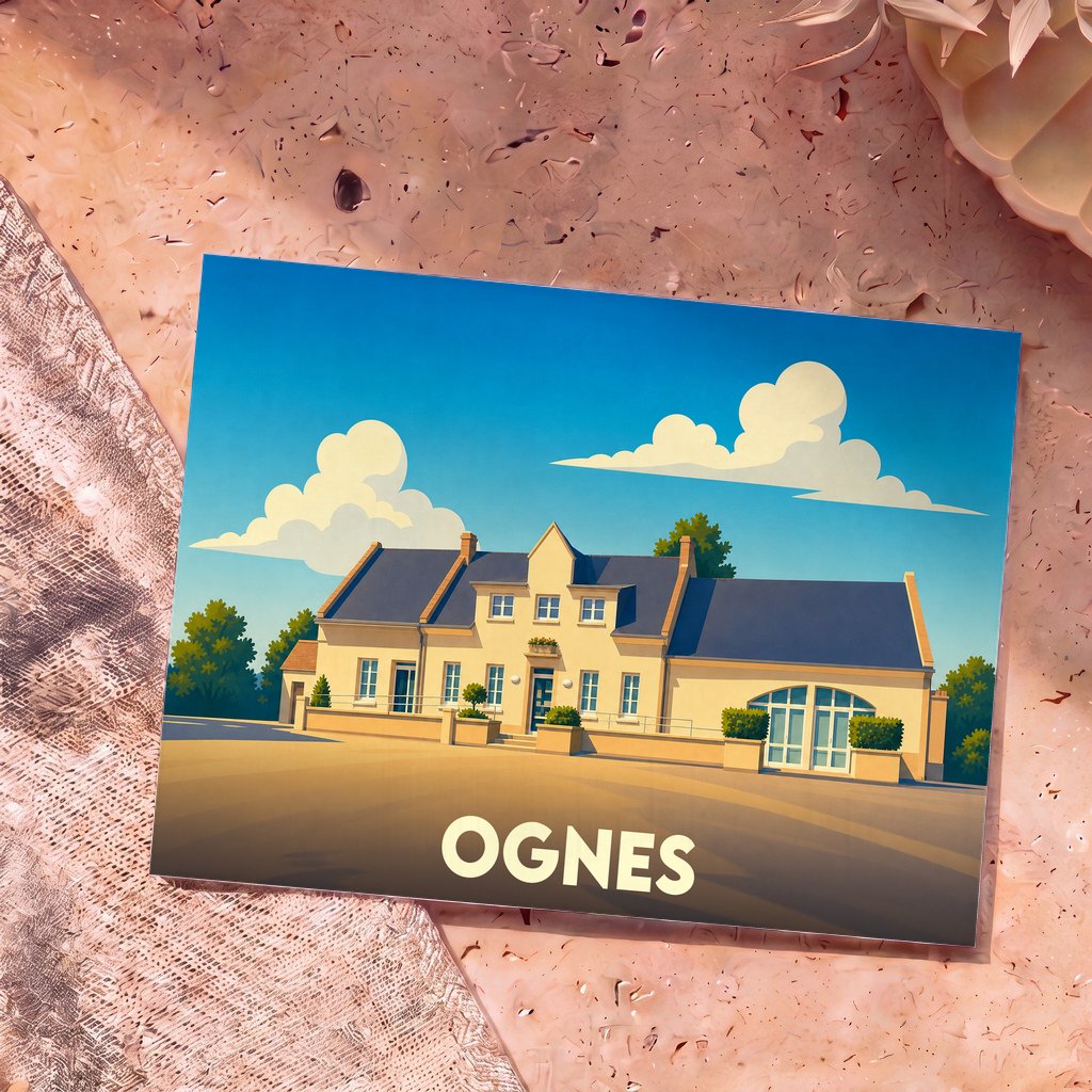Carte postale souvenir de la ville d'Ognes avec une illustration stylisée d'une maison traditionnelle sous un ciel bleu.