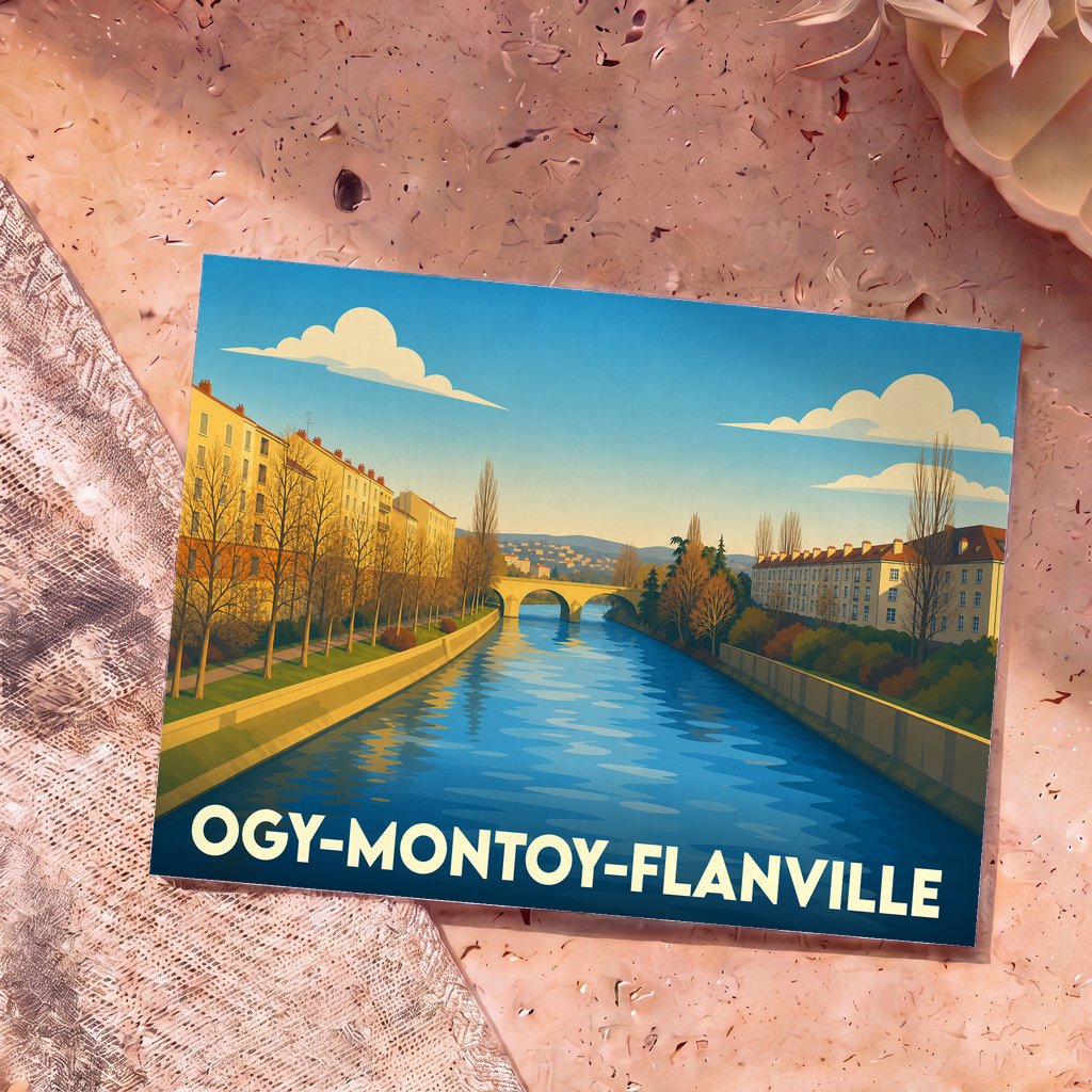 Carte postale souvenir de la commune d’Ogy-Montoy-Flanville illustrée par un paysage urbain traversé par un canal.