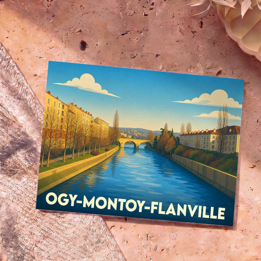 Carte postale souvenir de la commune d’Ogy-Montoy-Flanville illustrée par un paysage urbain traversé par un canal.