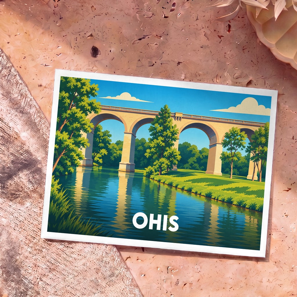 Carte postale souvenir de la ville d'Ohis illustrant un viaduc surplombant une rivière dans un style graphique épuré.