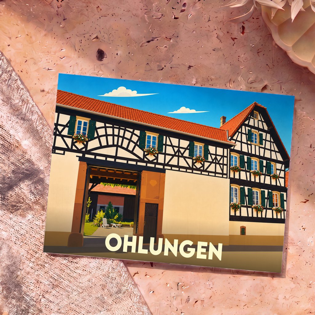 Carte postale souvenir de la ville de Ohlungen avec une illustration stylisée d'une maison traditionnelle à colombages.