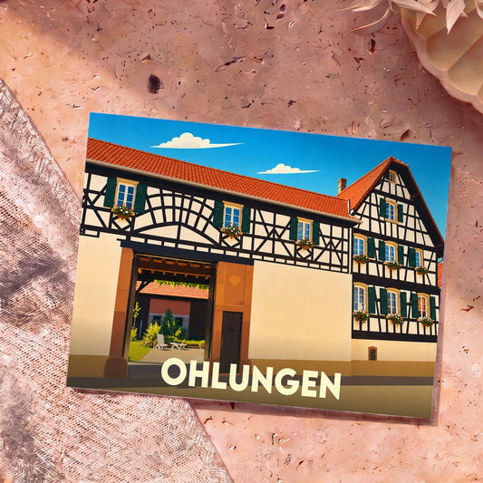 Carte postale souvenir de la ville de Ohlungen avec une illustration stylisée d'une maison traditionnelle à colombages.