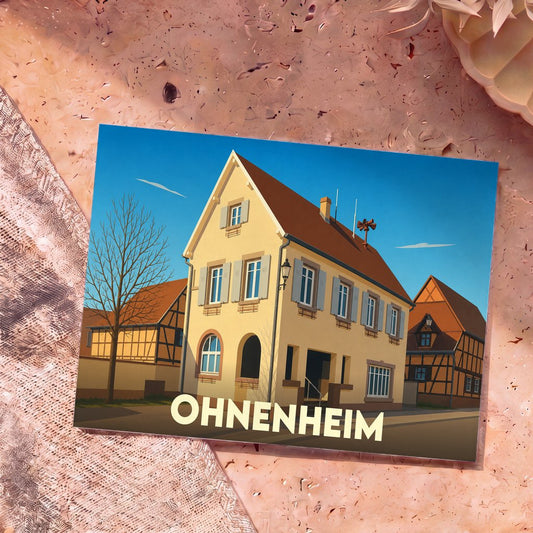Carte postale souvenir de la ville de Ohnenheim avec une illustration stylisée de maisons alsaciennes.