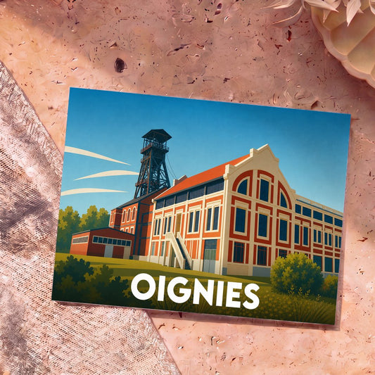 Carte postale souvenir de la ville de Oignies représentant une illustration stylisée d'un ancien site minier.