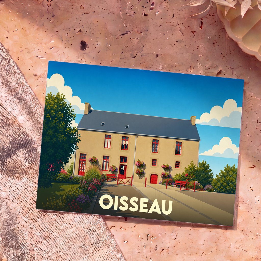 Carte postale souvenir de la ville de Oisseau illustrant une bâtisse traditionnelle avec un style graphique épuré.