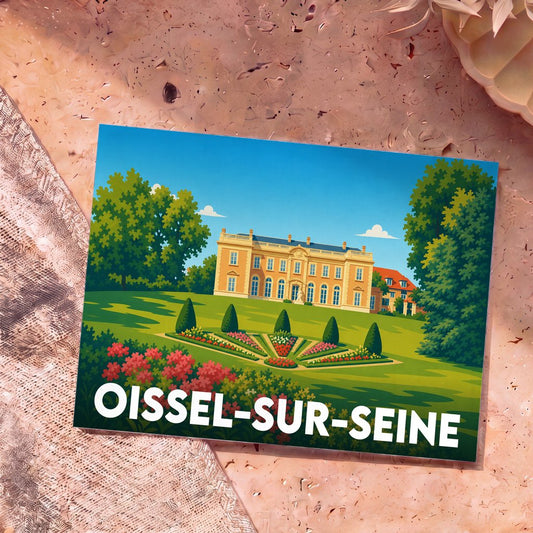 Carte postale souvenir de la ville de Oissel-sur-Seine avec une illustration stylisée d'un château et de ses jardins.