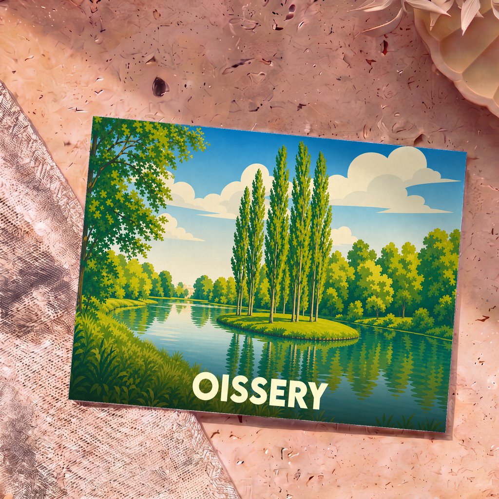 Carte postale souvenir de la ville de Oissery avec une illustration bucolique d'une rivière et de grands arbres.