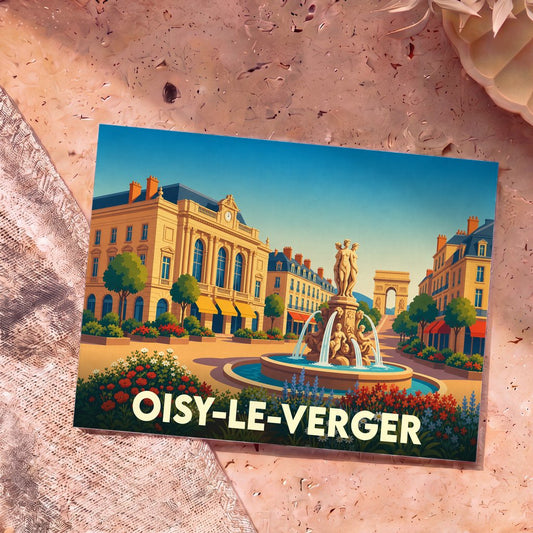 Carte postale souvenir de la ville de Oisy-le-Verger avec une illustration stylisée d'une place ensoleillée.