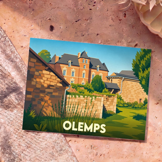 Carte postale souvenir de la ville d'Olemps avec une illustration stylisée de son patrimoine architectural.