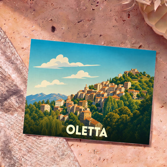 Carte postale souvenir de la ville d'Oletta avec une illustration stylisée représentant un village à flanc de colline.