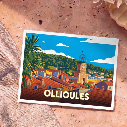 Carte postale souvenir de la ville d'Ollioules illustrant son clocher typique et ses toits ensoleillés dans un style graphique épuré.