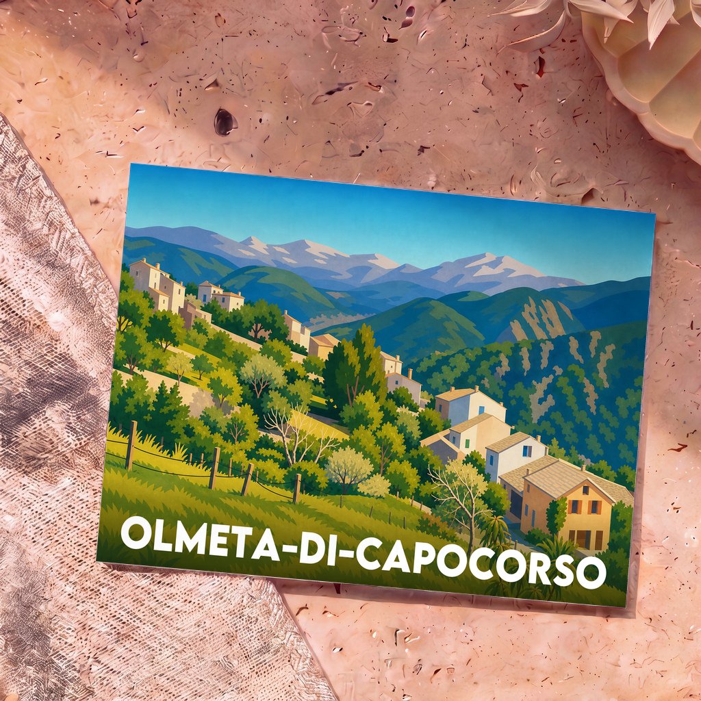 Carte postale souvenir de la ville d'Olmeta-di-Capocorso avec une illustration stylisée de son paysage montagneux.