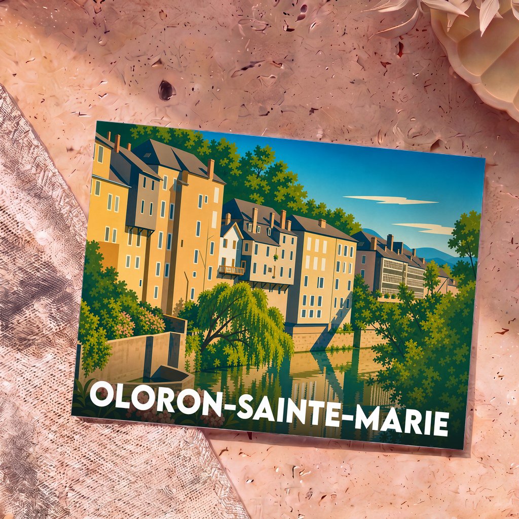 Carte postale souvenir d'Oloron-Sainte-Marie illustrant ses maisons typiques au bord de l'eau dans un style graphique et coloré.