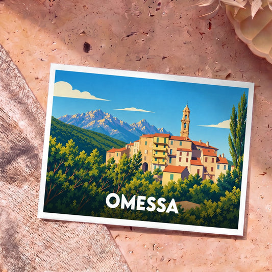 Carte postale souvenir de la ville d'Omessa avec une illustration stylisée.