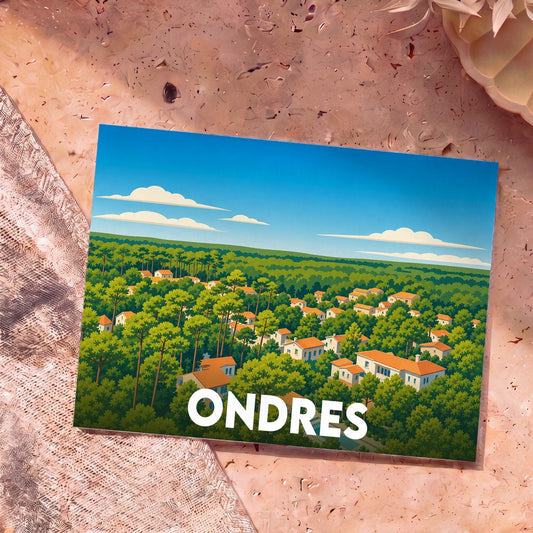 Carte postale souvenir de la ville d'Ondres illustrant des maisons nichées au cœur d'une forêt de pins sous un ciel bleu.