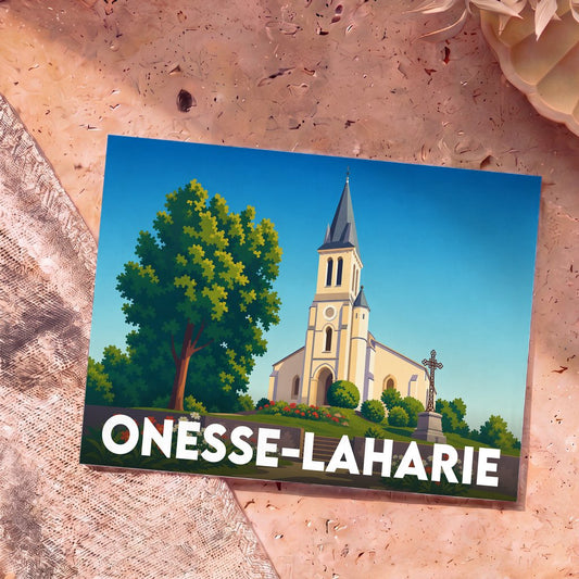 Carte postale souvenir de la ville d'Onesse-Laharie avec une illustration stylisée de son église.
