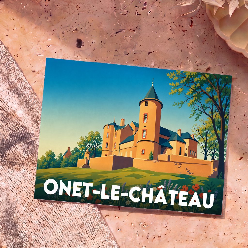 Carte postale souvenir de la ville d'Onet-le-Château avec une illustration stylisée de son château.