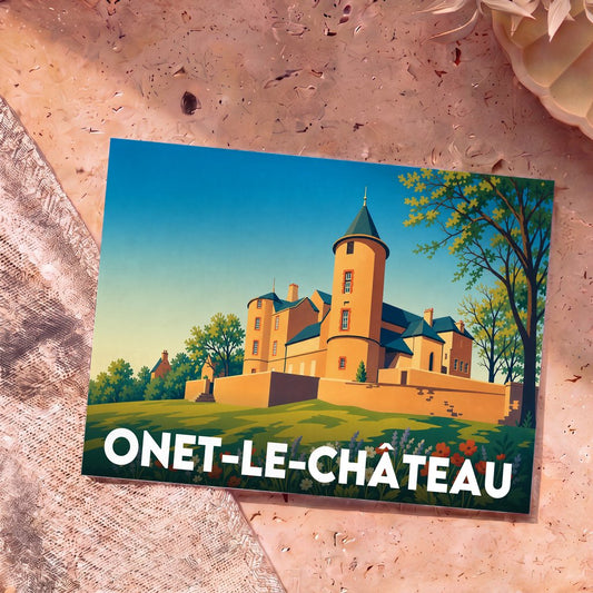 Carte postale souvenir de la ville d'Onet-le-Château avec une illustration stylisée de son château.