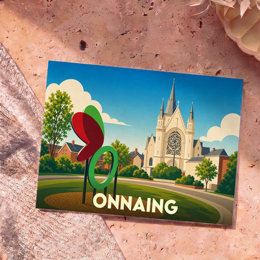 Carte postale souvenir de la ville de Onnaing avec une illustration stylisée montrant l'église et un monument coloré.