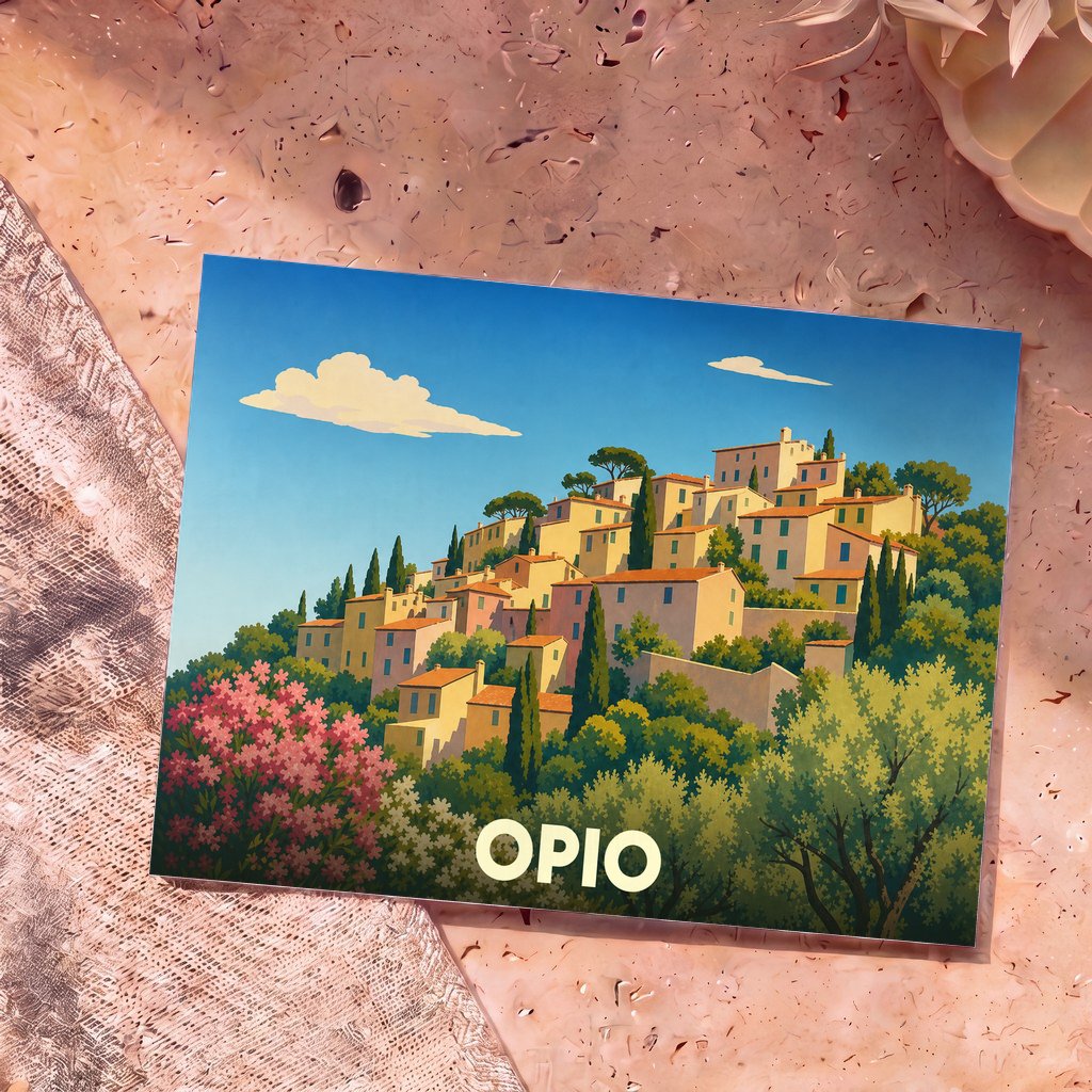 Carte postale souvenir de la ville d'Opio représentant un village perché provençal avec une illustration stylisée et colorée.