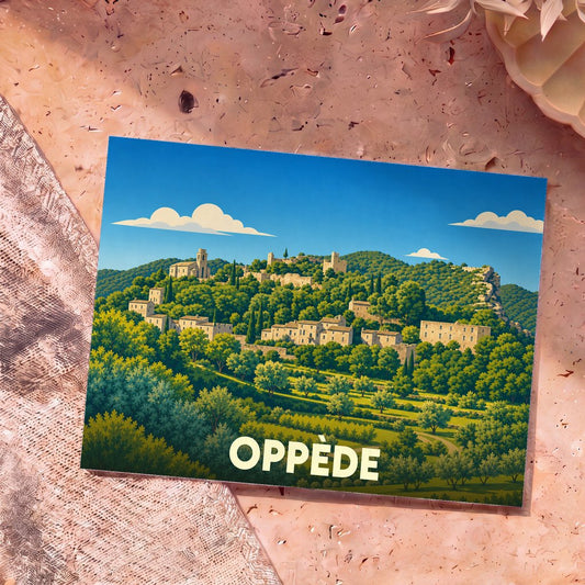 Carte postale souvenir de la ville d'Oppède avec une illustration stylisée d'un village perché dans les collines.