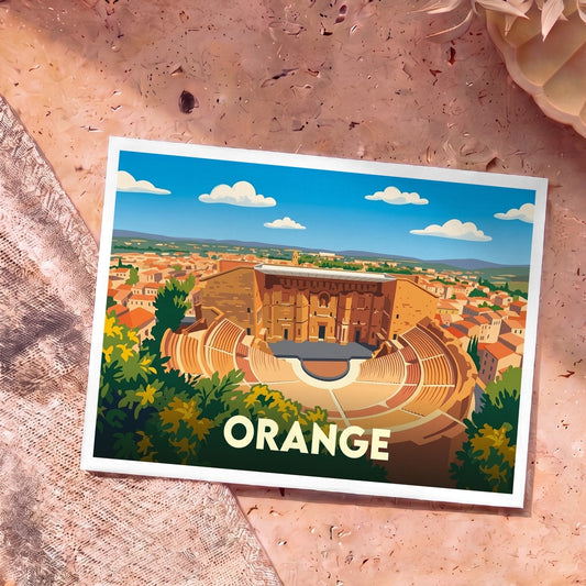 Carte postale souvenir de la ville d'Orange illustrant son théâtre antique dans un style graphique épuré.