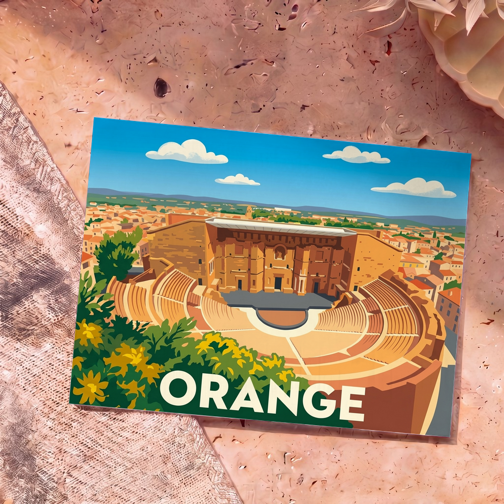 Carte postale souvenir de la ville d'Orange illustrant son théâtre antique dans un style graphique épuré.