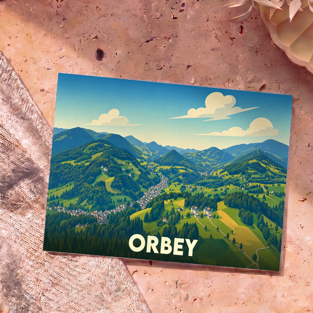 Carte postale souvenir de la ville d'Orbey présentant une illustration stylisée de ses paysages montagneux et de sa vallée.