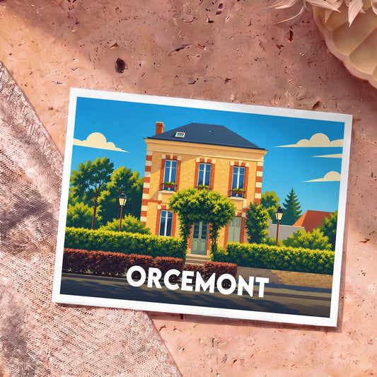 Carte postale souvenir de la ville d'Orcemont présentant une illustration stylisée d'une maison traditionnelle.