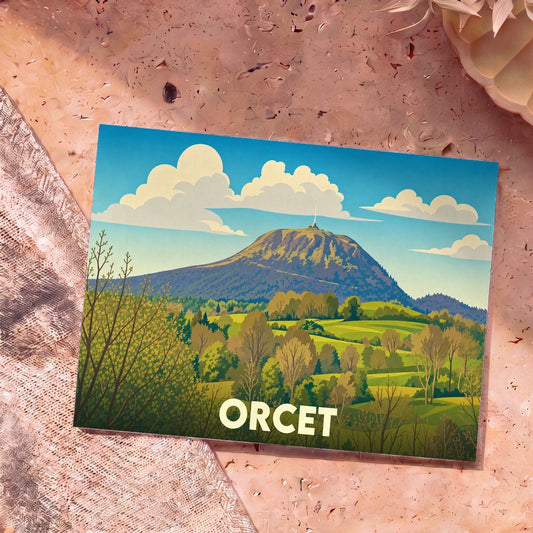 Carte postale souvenir de la ville d'Orcet avec une illustration stylisée du Puy de Dôme surplombant la campagne.