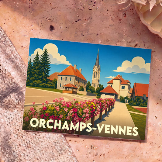 Carte postale souvenir de la ville de Orchamps-Vennes avec une illustration stylisée et colorée.