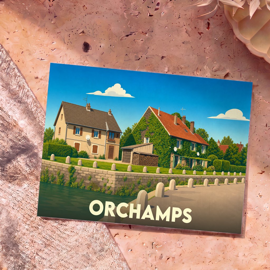 Carte postale souvenir de la ville d'Orchamps illustrant deux maisons de campagne au bord de l'eau dans un style coloré et épuré.
