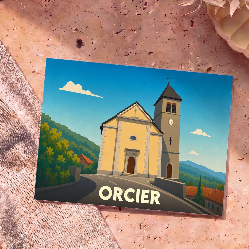 Carte postale souvenir de la ville d'Orcier avec une illustration stylisée de son église.
