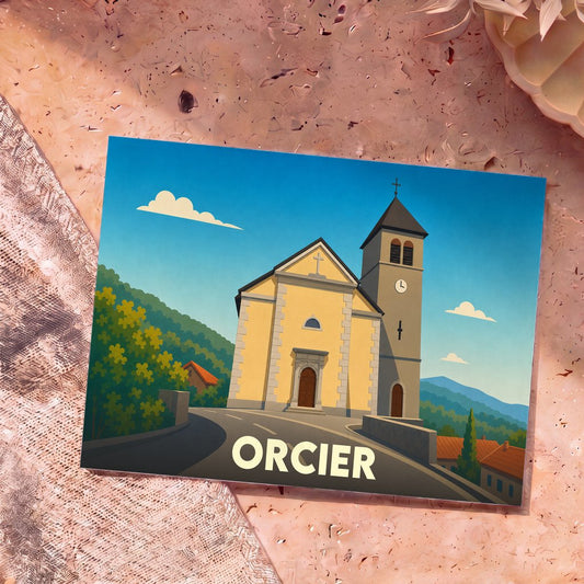 Carte postale souvenir de la ville d'Orcier avec une illustration stylisée de son église.