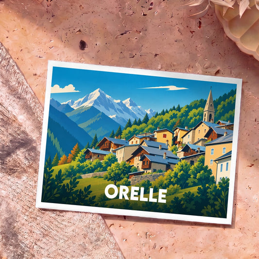 Carte postale souvenir de la ville d'Orelle avec une illustration stylisée de montagne et de village alpin.