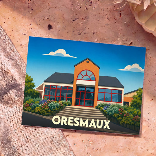 Carte postale souvenir de la ville d'Oresmaux avec une illustration stylisée de sa mairie.