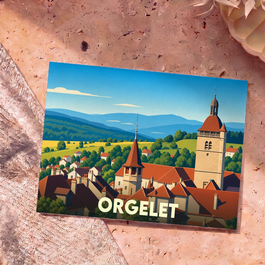 Carte postale souvenir de la ville d'Orgelet avec une illustration stylisée de son église et du paysage environnant.