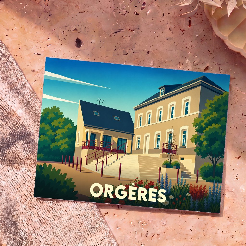 Carte postale souvenir de la ville d'Orgères avec une illustration stylisée d'un bâtiment communal.