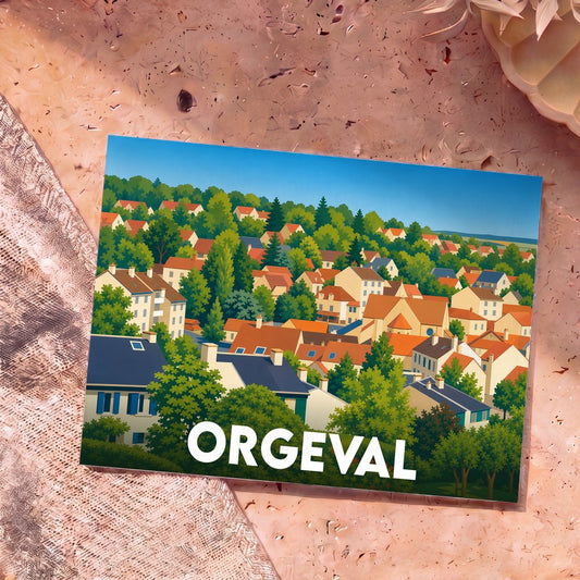 Carte postale souvenir de la ville d'Orgeval illustrant un paysage de maisons nichées dans une colline verdoyante.